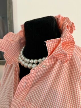 Upcycled Eddie Bauer Gingham Ruffle Collar Shirt in Coral and White